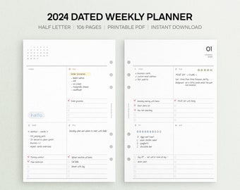 2024 Weekly Planner Printable | Half Letter Weekly Printable, Dated Planner, Week on Two Pages, 2024 Planner, Dated Monthly, PDF Download