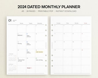 2024 Monthly Planner Printable | A5 Monthly Printable, Dated Planner, Month on Two Pages, 2024 Planner, Dated Monthly, MO2P, PDF Download