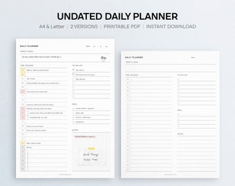 Undated Daily Planner Printable | A4 & Letter Daily Printable, Day on One Page, Planner Inserts, Time Tracker, Goal Planner, PDF Download