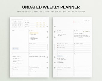 Undated Weekly Planner Printable | Half Letter Weekly Printable, Week on Two Pages, Planner Inserts, DIY Calendar, WO2P, PDF Download