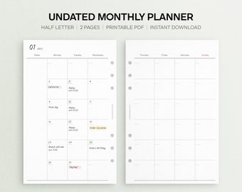 Undated Monthly Planner Printable | Half Letter Monthly, Month on Two Pages, Planner Inserts, Blank Calendar with Notes, PDF Download