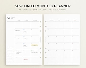 Planificador mensual 2023 imprimible / A5 imprimible mensual, Planificador fechado, Mes en dos páginas, Planificador 2023, Mensual fechado, MO2P, Descarga PDF