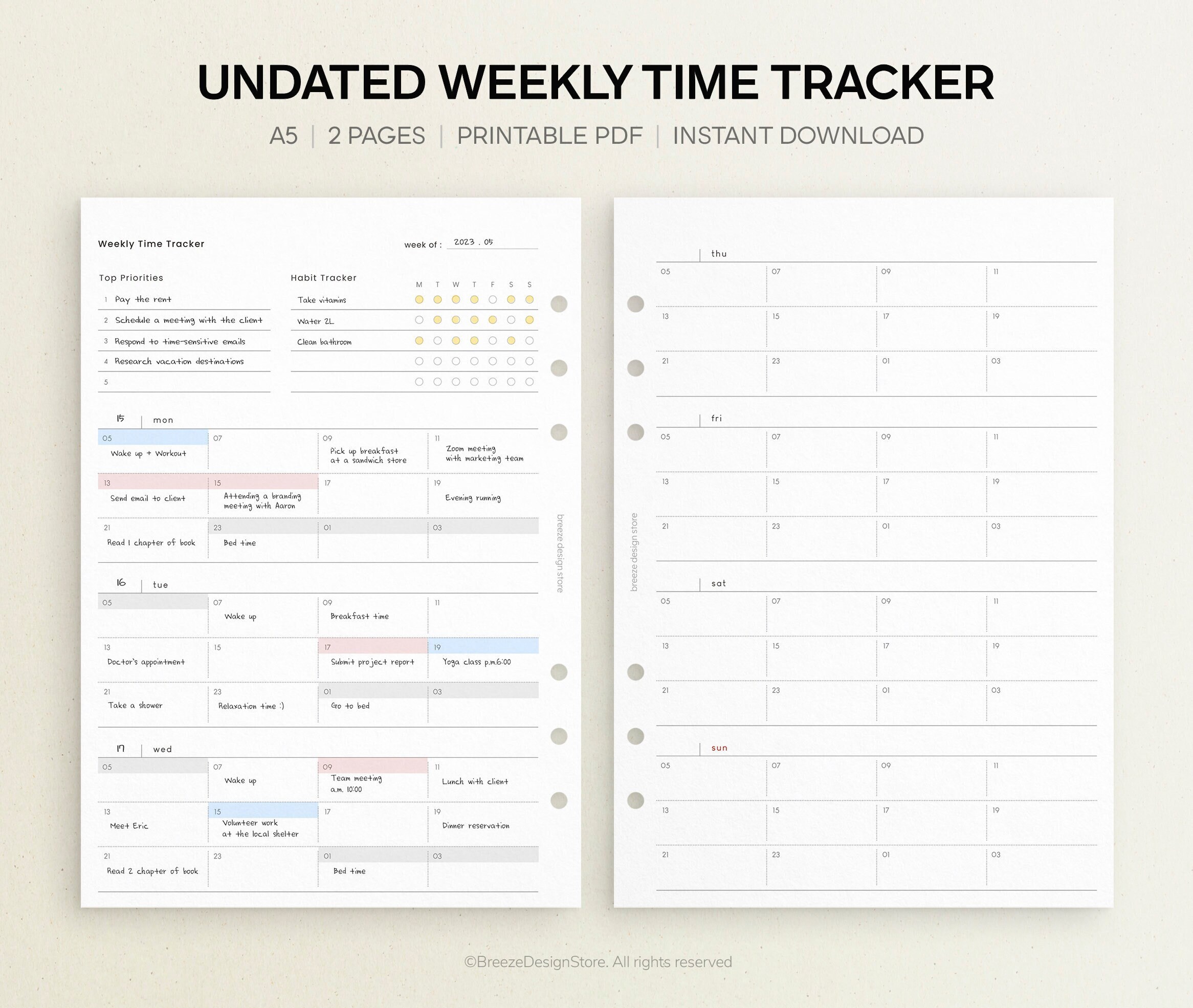 Undated Weekly Time Tracker Printable A5 Weekly Printable, With Top ...