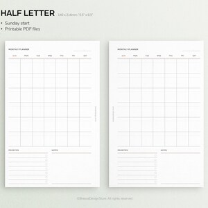 Undated Monthly Planner Printable Half Letter Monthly Printable, Month ...