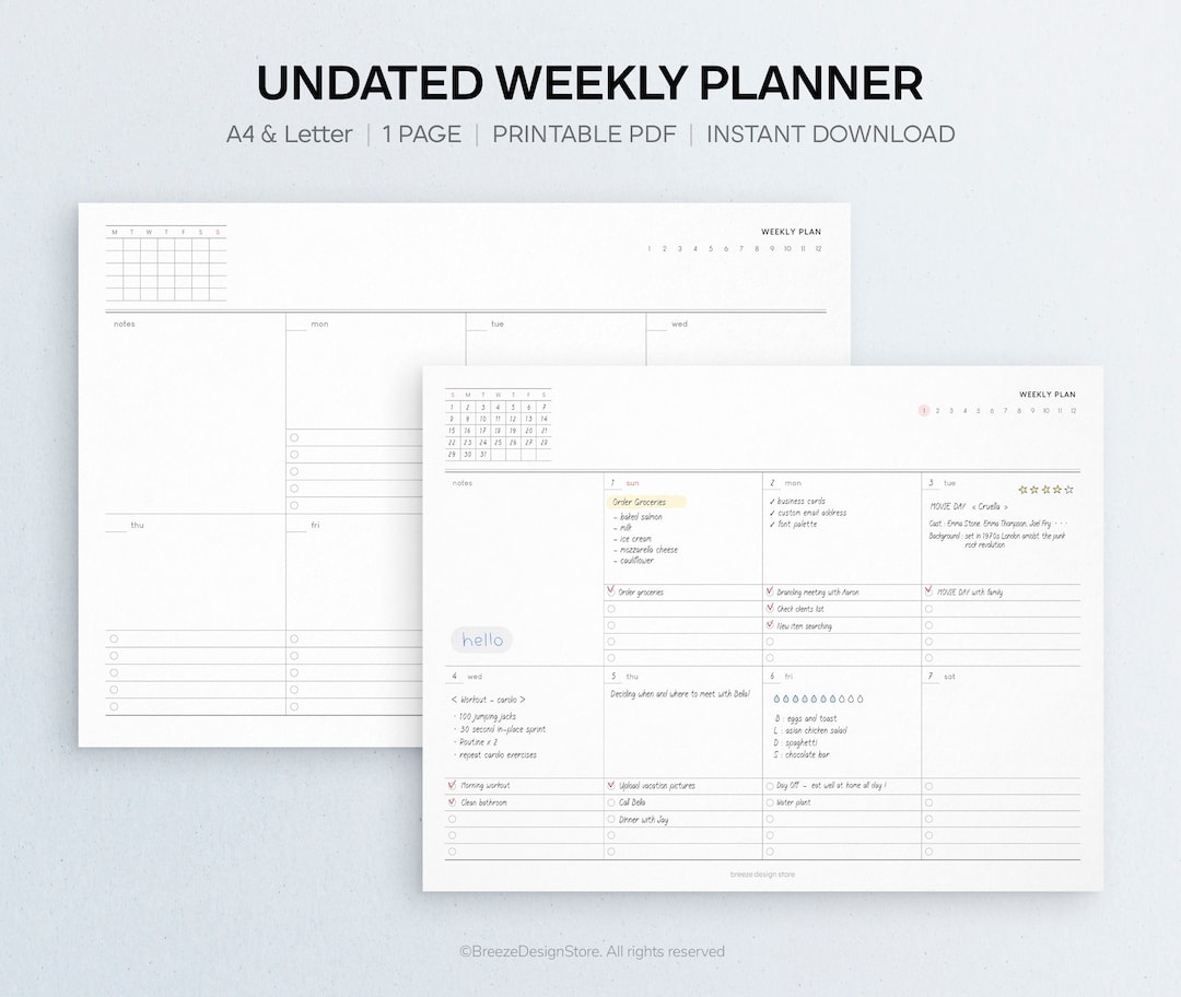 Undated Weekly Planner Printable A4 & Letter Weekly Printable, Week on ...