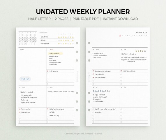 Undated Weekly Planner Printable Half Letter Weekly Printable, Week on Two  Pages, Planner Inserts, DIY Calendar, WO2P, PDF Download - Etsy