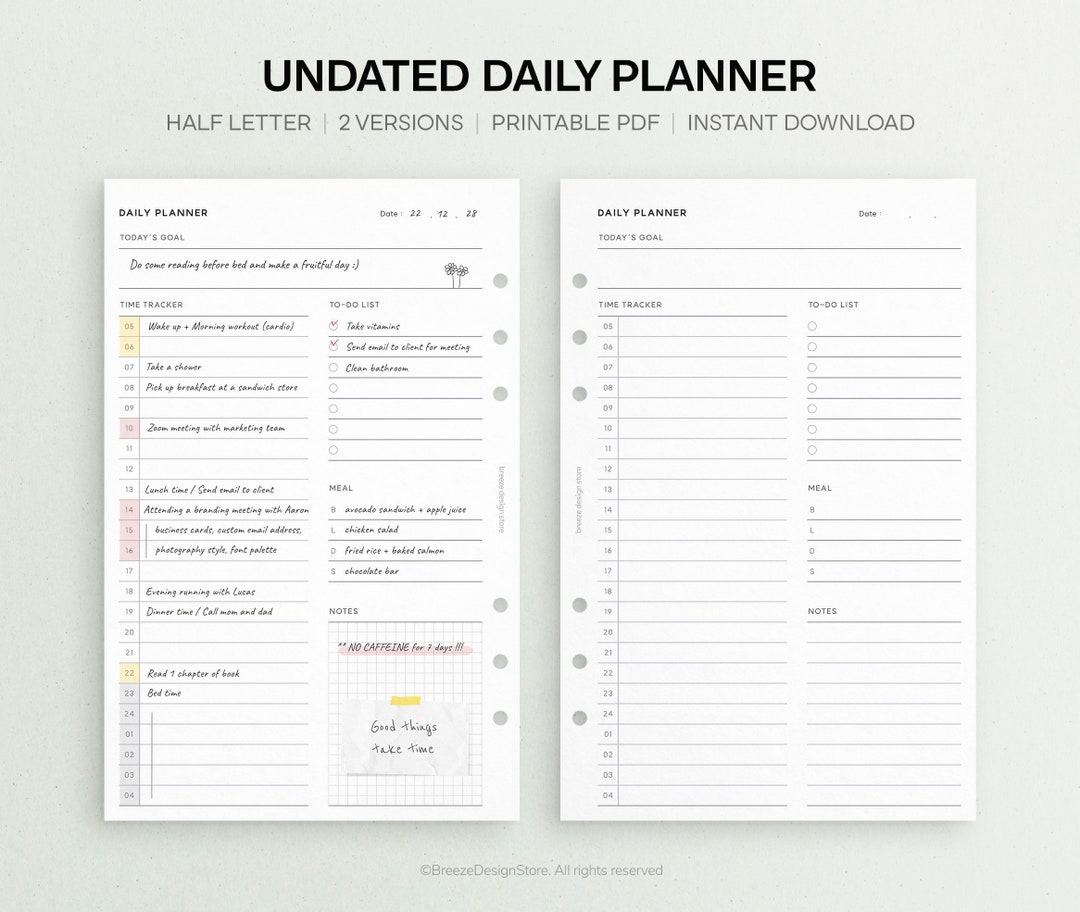 Undated Daily Planner Printable Half Letter Daily Printable, Day on One ...