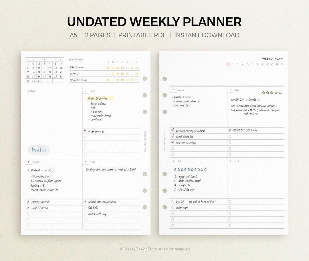Undated Weekly Planner Printable A5 Weekly Printable, Week on Two Pages ...