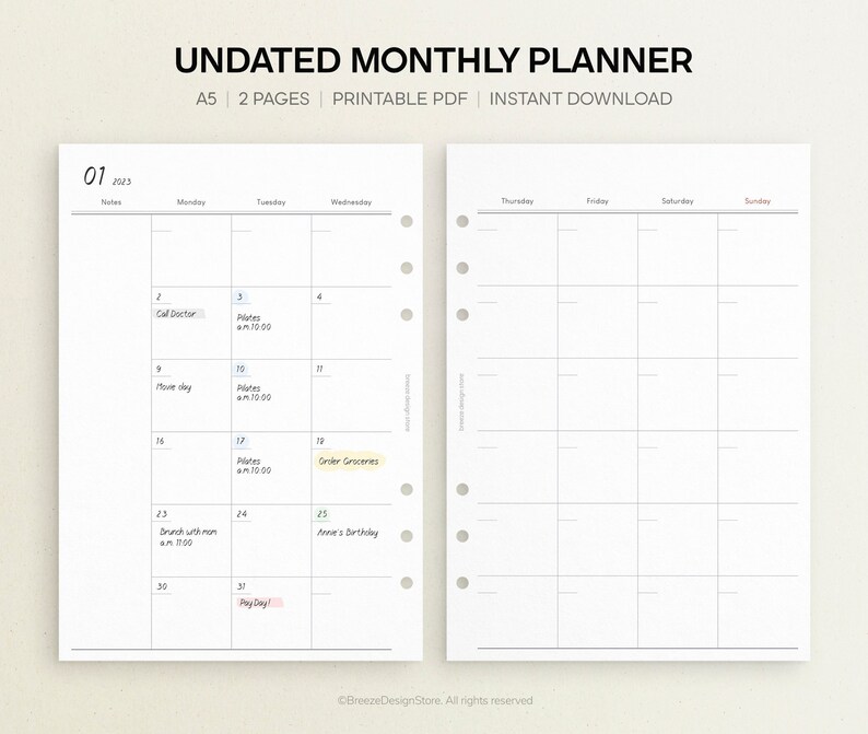 Undated Monthly Planner Printable A5 Monthly Printable, Month on Two ...