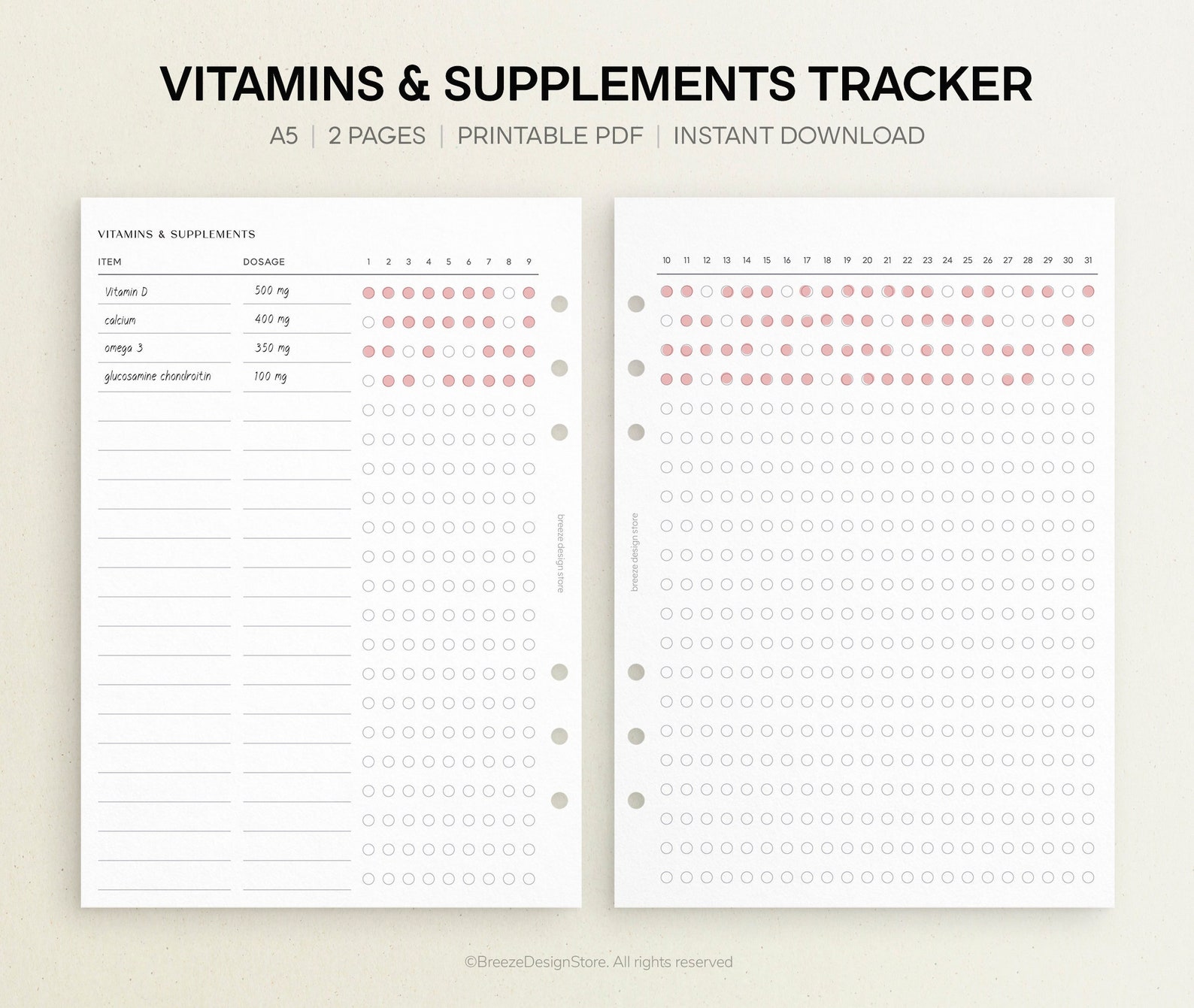 Vitamins & Supplements Tracker Printable A5 Vitamin Tracker