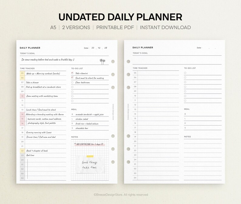 Undated Daily Planner Printable A5 Daily Printable Day On One Page