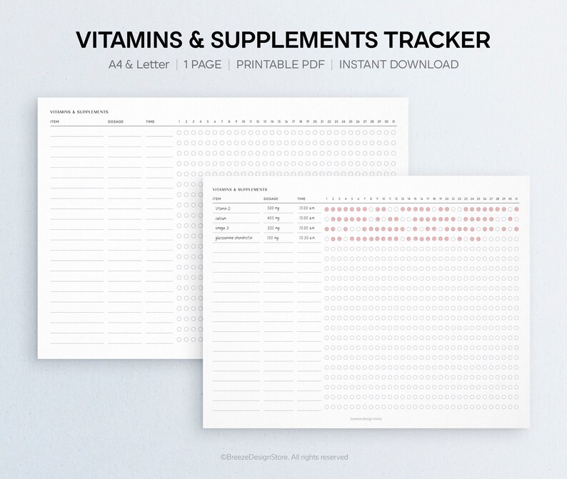 Vitamins &amp; Supplements Tracker Printable A4 Letter Vitamin Tracker ...