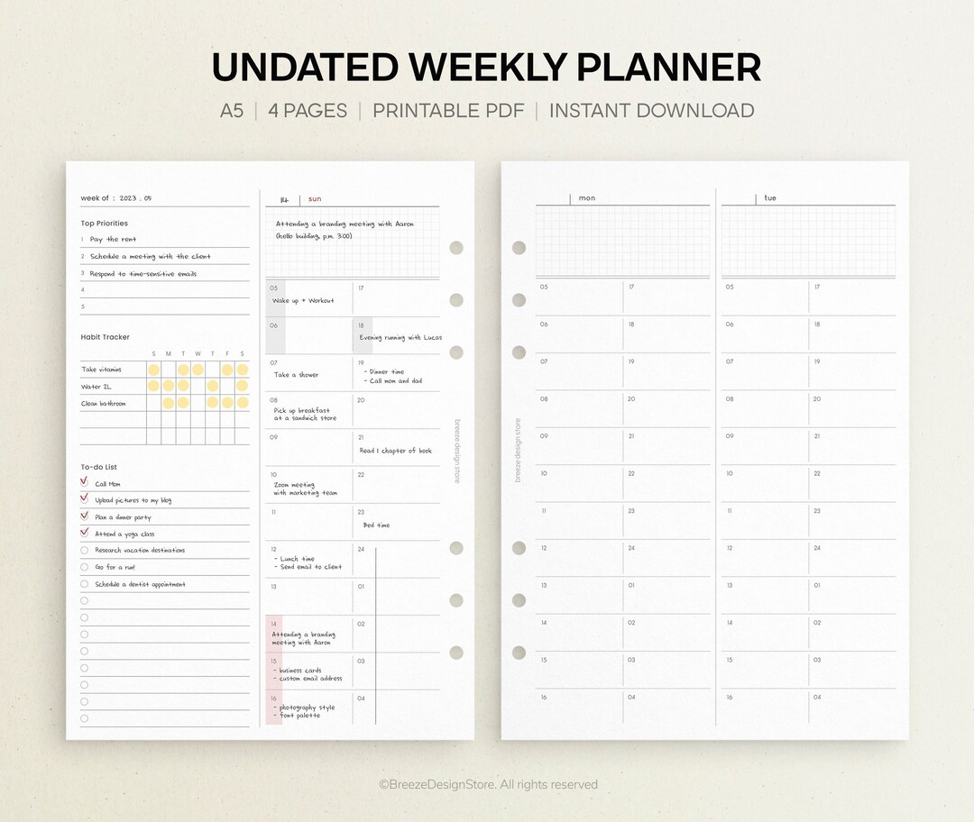 Undated Weekly Planner Printable A5 Weekly Printable, With Time Tracker ...