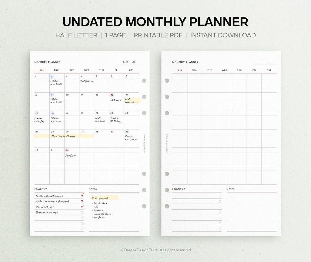Undated Monthly Planner Printable Half Letter Monthly Printable, Month ...