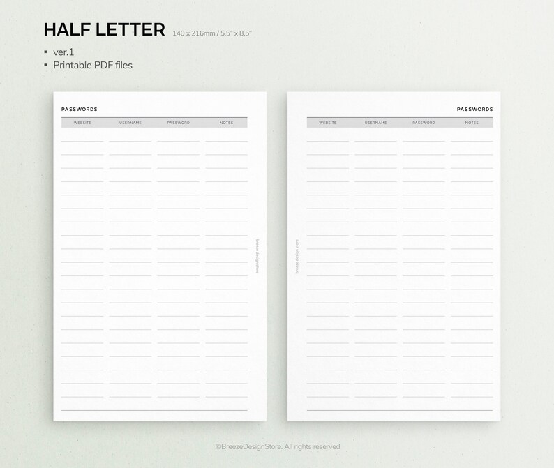 Password Tracker Printable Half Letter Password Tracker, Password Log, Printable Password ...