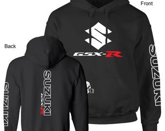 GSX-R Suzuki Racing, Sport Bike, Printed on front, pocket, sleeve & back, red and white print. Unisex black premium hoodie