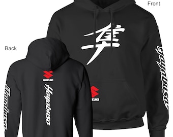 Hayabusa Suzuki, Bike Racing, Printed on front, pocket, sleeve and back, red and white print. Unisex black premium hoodie