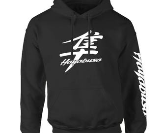 Hayabusa, Bike Racing, Black Hoodie White Print