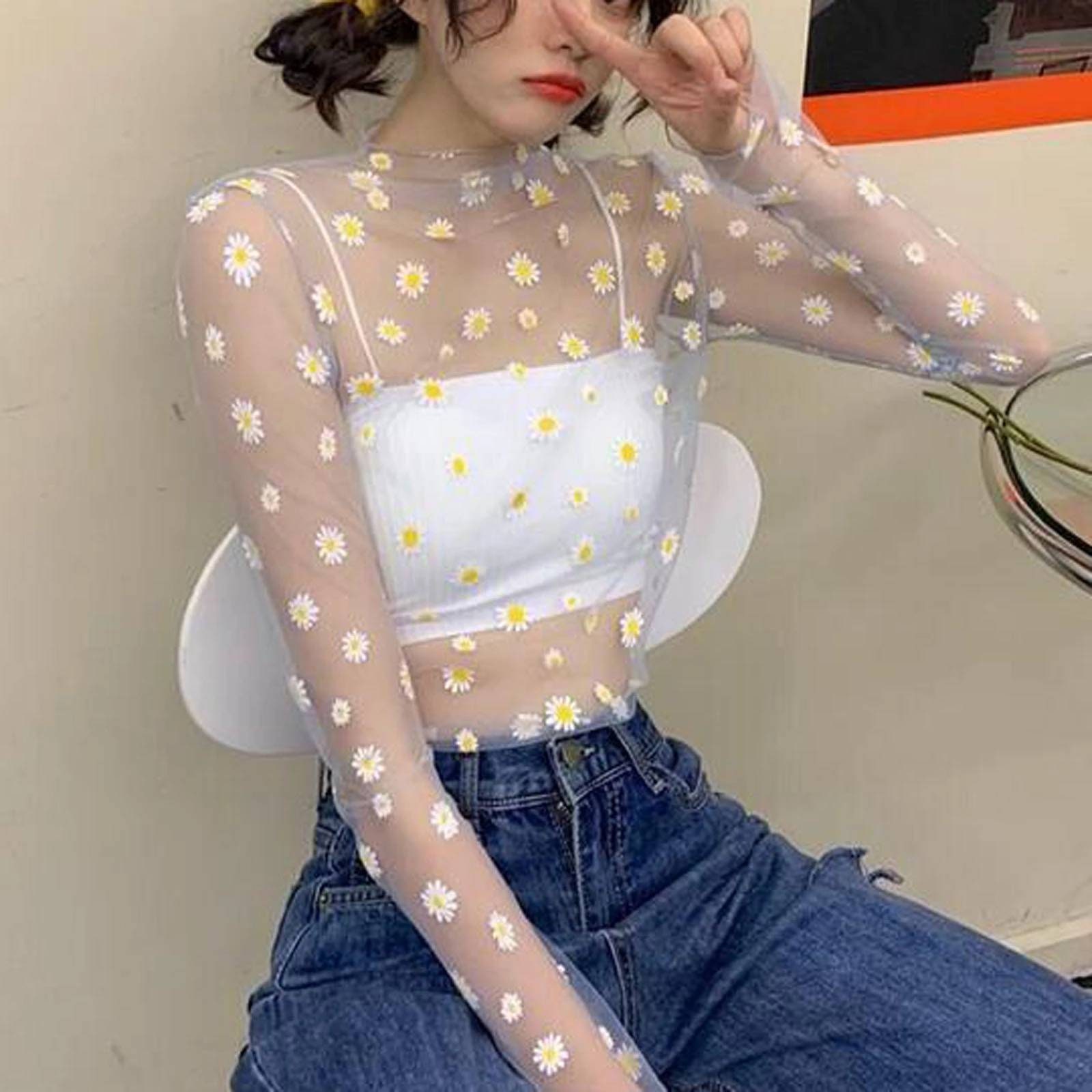 Daisy Flower Mesh Sheer Blouse Casual Aesthetic See-Through | Etsy