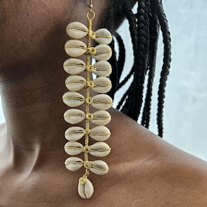African Cowrie Shell earrings, Sea Shell Earrings, Long Cowrie earrings, Brass Earrings, Christmas gift for her, Moms gift, Boho earrings