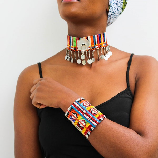 African Choker necklace , Maasai wedding necklace, Maasai ceremonial necklace, African beaded necklace with matching bracelet, Moms gift
