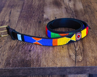 African beaded belt, Leather belt, Handmade belt, Masai beaded belt, Men belt, Casual belt, Boho belt, Gift for him, Gift for her,