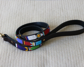 Maasai Beaded Dog leash, African beaded Dog lead, Handmade Leather Leash, Leather collar, Christmas gift for pet, Dog leash, Pet lead,