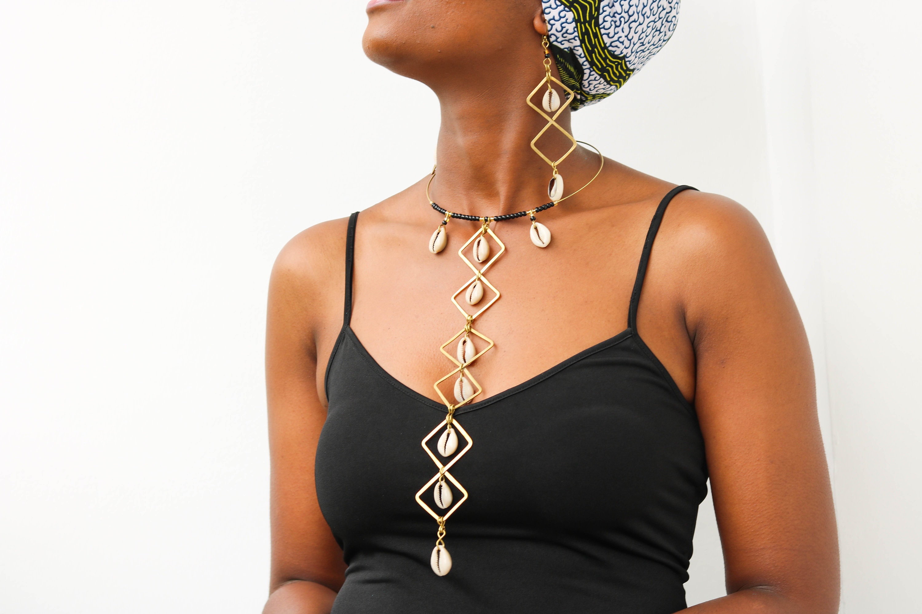 African Brass and cowrie necklace, African necklace with matching earrings, Brass jewelry, Women jewelry, Christmas Gift for her, Moms gift