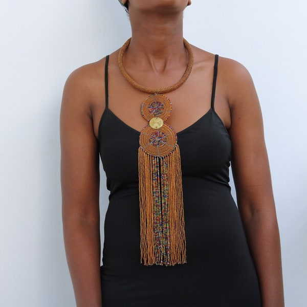 African Pendant necklace, Beaded Fringe Necklace, Beaded Multi-strand necklace, Statement Necklace, Christmas gift for her, Moms gift