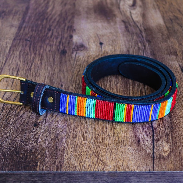 African beaded belt, Leather belt, Handmade belt, Masai beaded belt, Men belt, Casual belt, Boho belt, Gift for him, Gift for her,