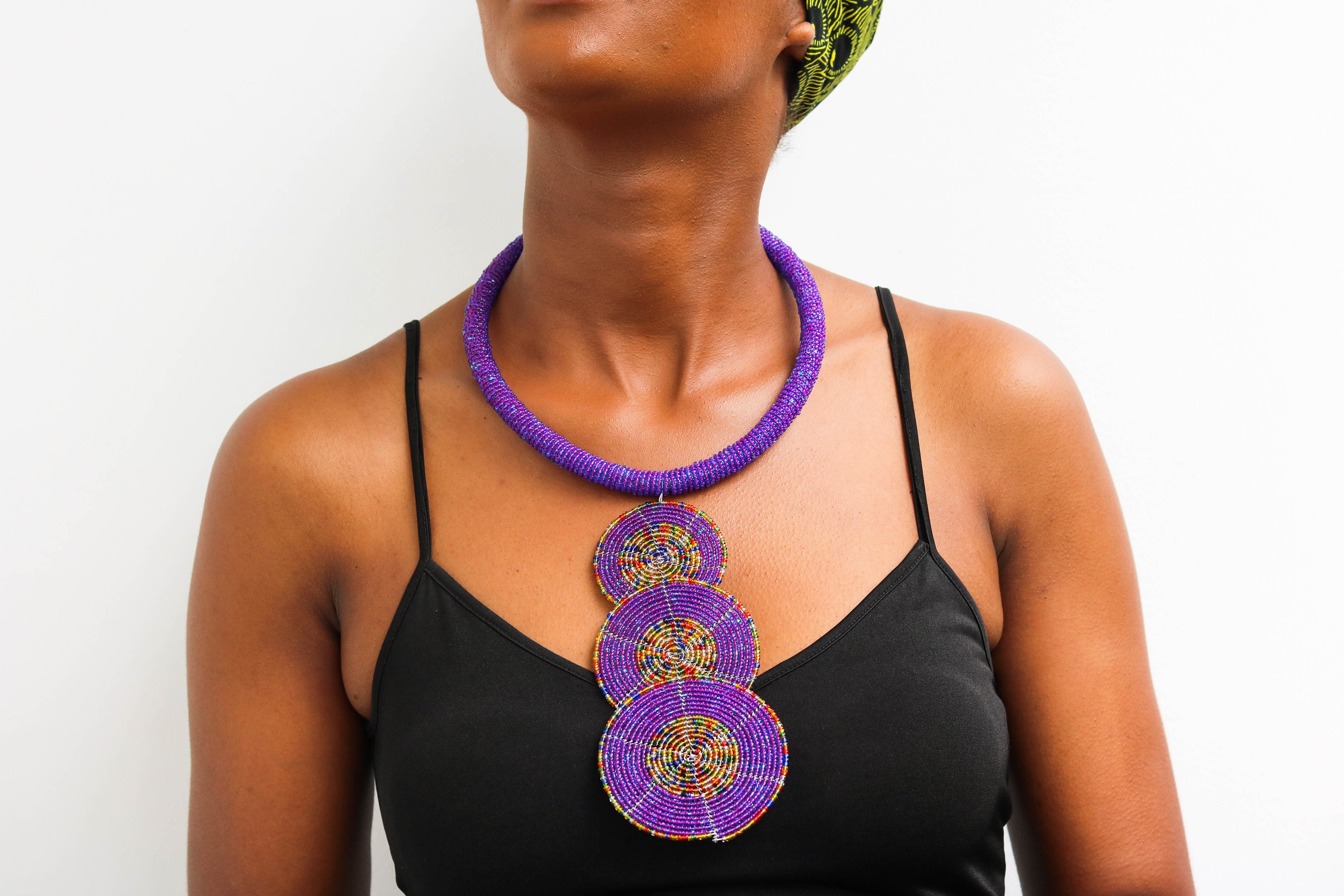 Purple Beaded Necklace, African Beaded Necklace, African Pendant