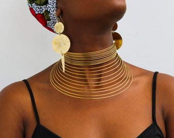 African Brass necklace with matching earrings, Brass Choker Necklace, Statement Necklace, Brass jewelry, Christmas Gift , Moms gift