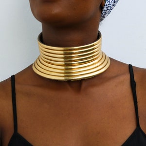 Rigid Golden Choker Necklaces for Women Metal Torques Statement Jewelry Punk Alloy Chocker Collar Bib Necklace Fashion, Women's, Size: One size