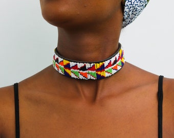 African Leather Necklace, Beaded Choker Necklaces, Maasai Choker Necklace, Statement Necklaces, Christmas gift for her, Moms gift