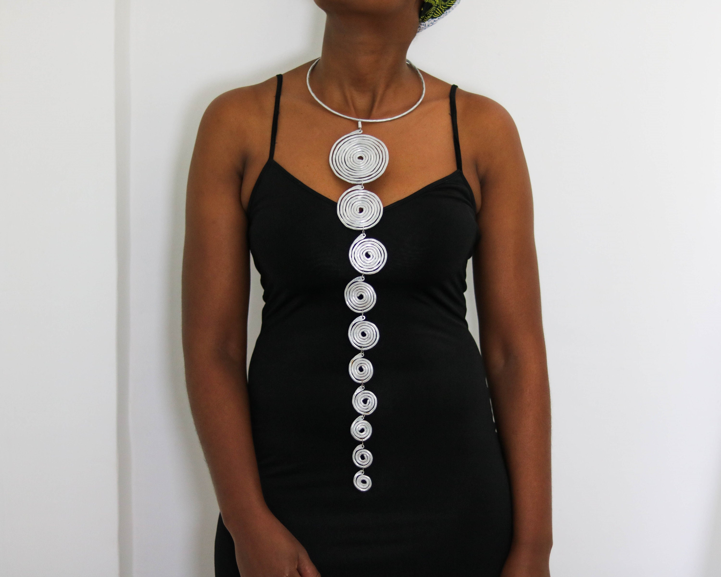 African Aluminum necklace, Silver-tone Pendant Necklace, Lightweight Necklace, Spiral aluminum necklace, Aluminum jewelry, Christmas Gift