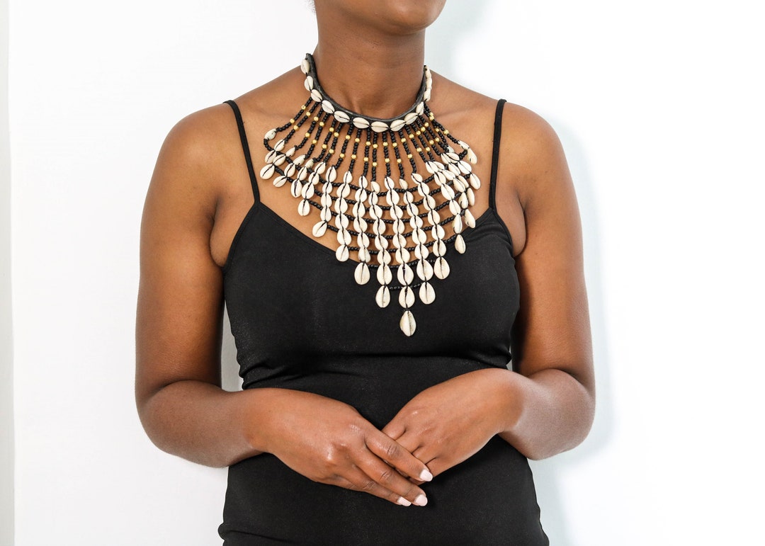 African Cowrie Shell Necklace, Leather Choker Necklace, African Beaded
