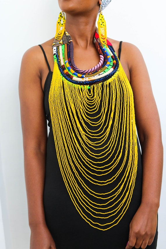 African Beaded Fabric Necklace African Fabric Necklace Ankara Necklace Statement Necklace African Print Necklace Ankara Jewelry Set Etsy Canada