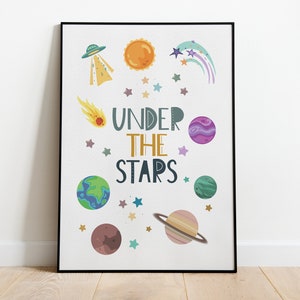 Under the Stars, Stellar Wall Poster, Depicting Planets and Universe Elements, Great for Bedroom or Studio, Wonderful Astronomy Gift Idea