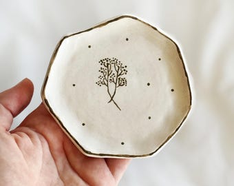 Handmade Ceramic Ring Dish: Green Flower Trinket Plate