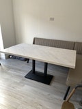 Herringbone Dining Table with Industrial-Chic Cast Iron Pedestal Base