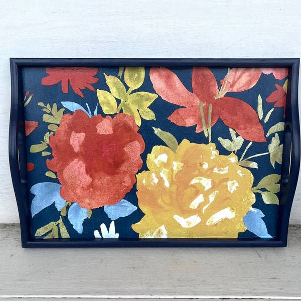 Painted Boho Floral Tray With Handles, Blue, Coral and Yellow Serving Tray, Gift for Her