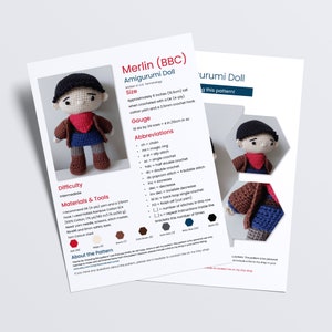 May include: A crochet pattern for a Merlin amigurumi doll. The pattern includes instructions for crocheting the doll in various colors, including red, brown, beige, dark brown, navy blue, and black. The pattern also includes a gauge and abbreviations for crocheting terms.