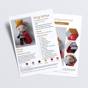 Op de afbeelding: Haakpatroon voor een King Arthur amigurumi-pop met instructies voor het maken van een pop van 15,5 cm hoog. Het patroon bevat een lijst met materialen, afkortingen en kleuradviezen.
