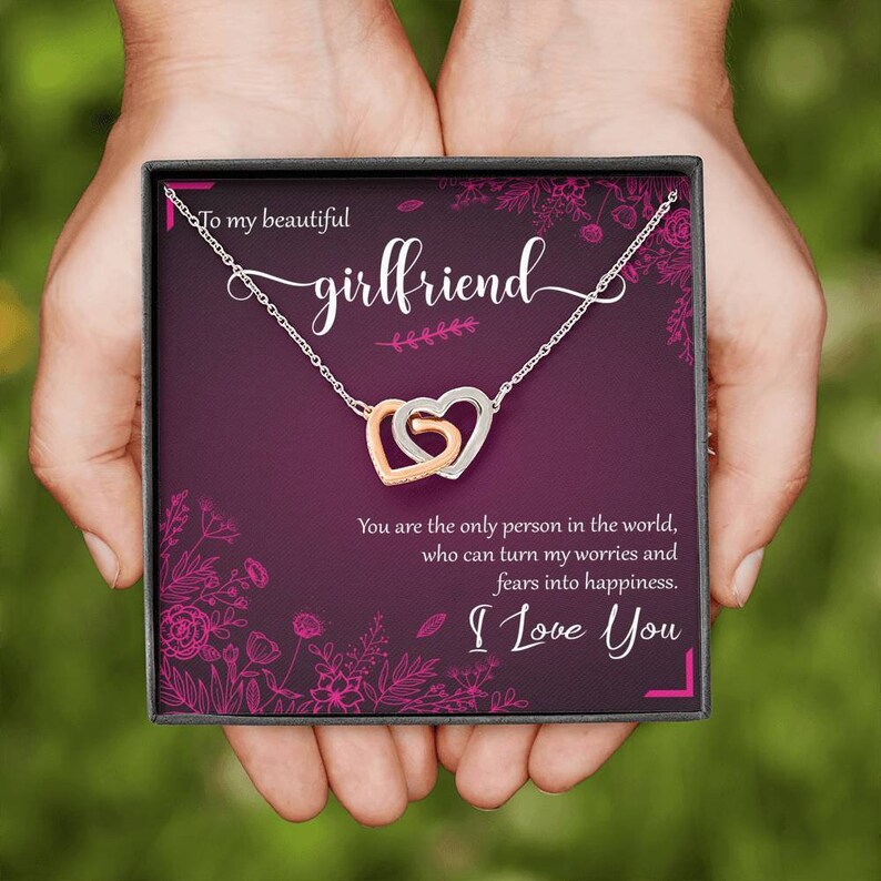 Interlocking Heart Necklace for Girlfriend from Boyfriend,Promise Necklace for Her,Valentine gift for Girlfriend,To my Girlfriend Gift card