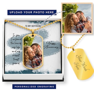 Anniversary gift for boyfriend,Engraved Dogtag, 1st Anniversary photo necklace, Dog tag for boyfriend,picture engraved necklace,couple photo