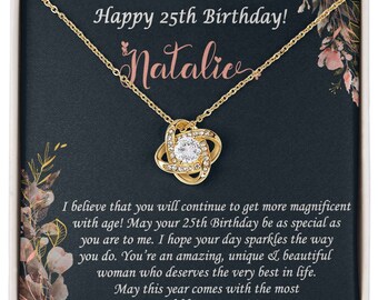 May include: A gold necklace with a knot design and a clear crystal in the center. The necklace is in a black box with a white background and a message that says "Happy 25th Birthday! Natalie. I believe that you will continue to get more magnificent with age! May your 25th Birthday be as special as you are to me. I hope your day sparkles the way you do. You're an amazing, unique & beautiful woman who deserves the very best in life. May this year comes with the most incredible opportunities!"