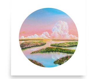 Art Print Dreamy Place Fine Art Print Aesthetic Pastel Landscape Wall Art Painting with Fluffy Clouds for Wall Decor