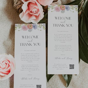 Tarjeta de agradecimiento de boda con flores silvestres con código QR, tarjetas bohemias de bienvenida y agradecimiento, nota de bienvenida de recepción imprimible