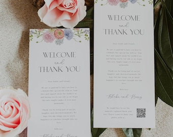 Bedankkaart voor wilde bloemen bruiloft met QR-code, welkomst- en bedankkaartjes, afdrukbaar welkomstbericht bij de receptie