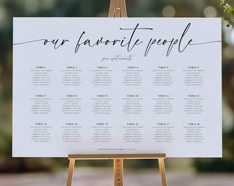 Plantilla de plano de asientos para boda horizontal, minimalista y moderno, con nuestras personas favoritas, plano de mesas para boda, descarga instantánea y editable